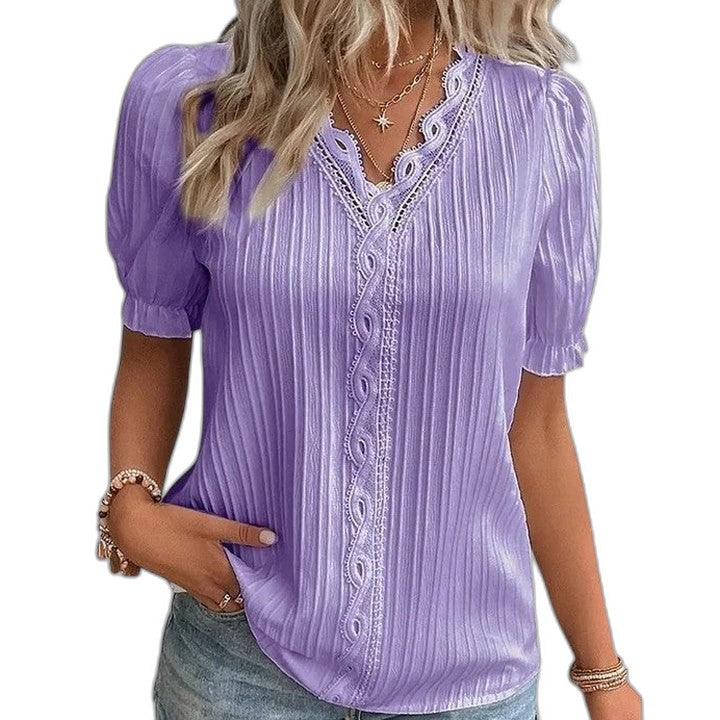 Effortless Black Blouse for Women with V Neck Short Sleeve Button Front Casual Style