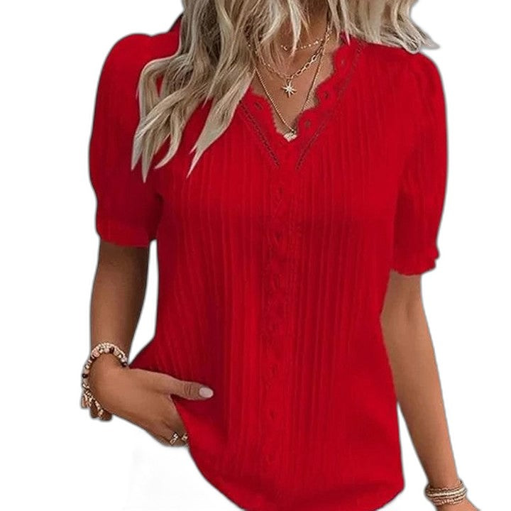 Effortless Black Blouse for Women with V Neck Short Sleeve Button Front Casual Style