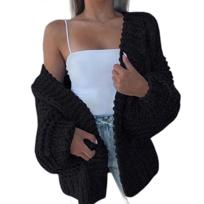 Effortless Black Cable Knit Cardigan Sweater for Women with Long Sleeve Oversized Casual Style