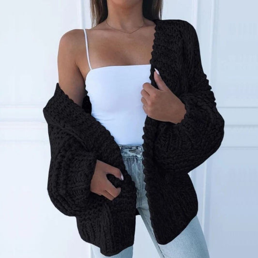 Effortless Black Cable Knit Cardigan Sweater for Women with Long Sleeve Oversized Casual Style