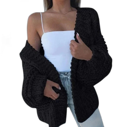 Effortless Black Cable Knit Cardigan Sweater for Women with Long Sleeve Oversized Casual Style