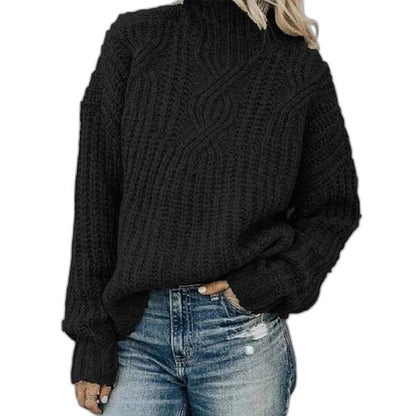 Effortless Black Cable Knit Sweater for Women with Turtleneck Long Sleeve Oversized Casual Style