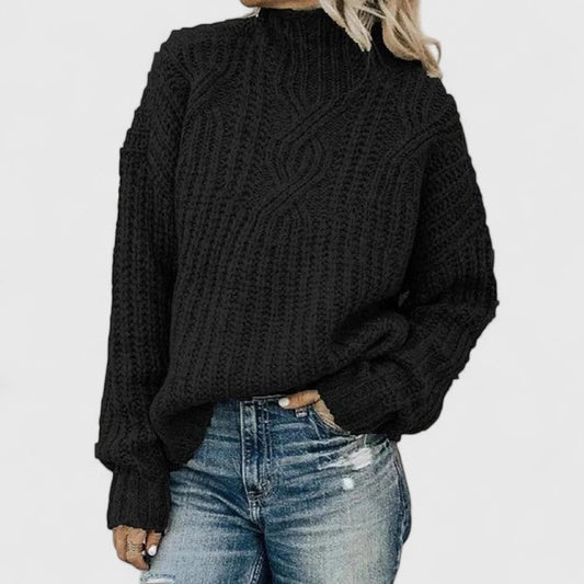 Effortless Black Cable Knit Sweater for Women with Turtleneck Long Sleeve Oversized Casual Style
