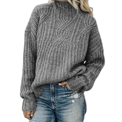 Effortless Black Cable Knit Sweater for Women with Turtleneck Long Sleeve Oversized Casual Style