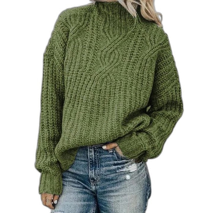 Effortless Black Cable Knit Sweater for Women with Turtleneck Long Sleeve Oversized Casual Style
