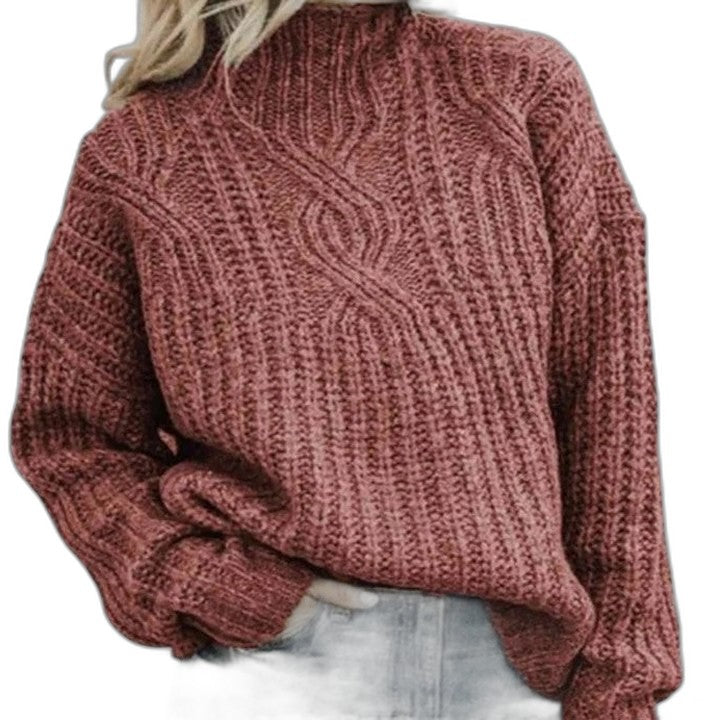 Effortless Black Cable Knit Sweater for Women with Turtleneck Long Sleeve Oversized Casual Style