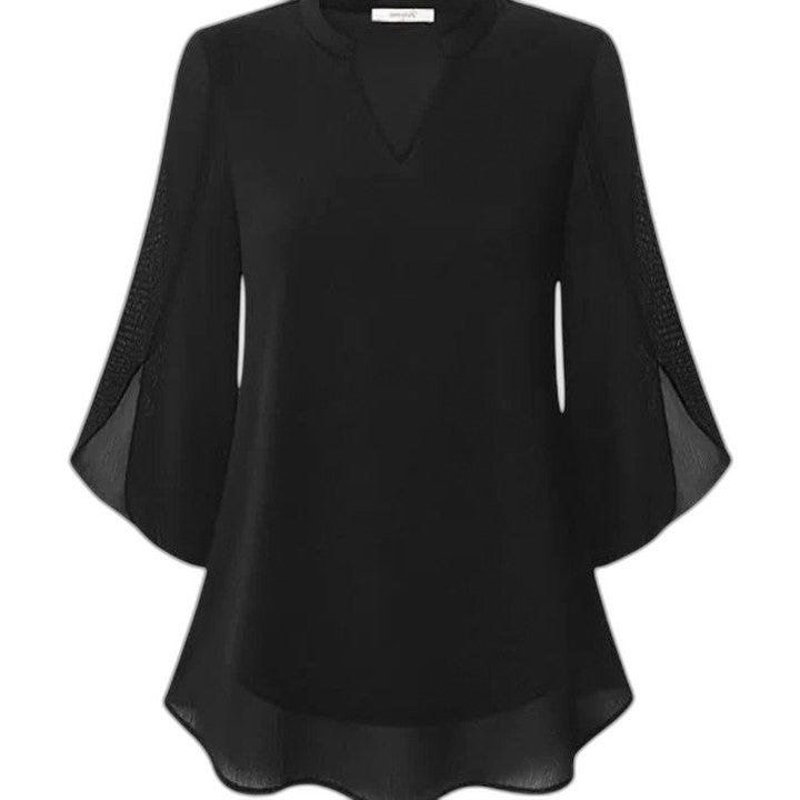 Effortless Black Chiffon Blouse for Women with V Neck Bell Sleeve Flowing Casual Style