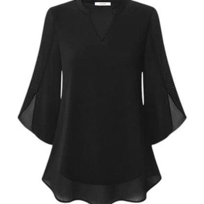 Effortless Black Chiffon Blouse for Women with V Neck Bell Sleeve Flowing Casual Style