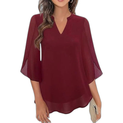 Effortless Black Chiffon Blouse for Women with V Neck Bell Sleeve Flowing Casual Style