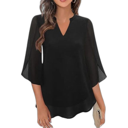 Effortless Black Chiffon Blouse for Women with V Neck Bell Sleeve Flowing Casual Style