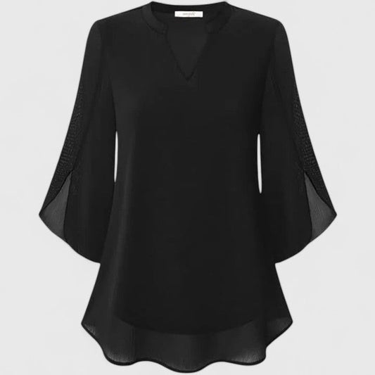 Effortless Black Chiffon Blouse for Women with V Neck Bell Sleeve Flowing Casual Style