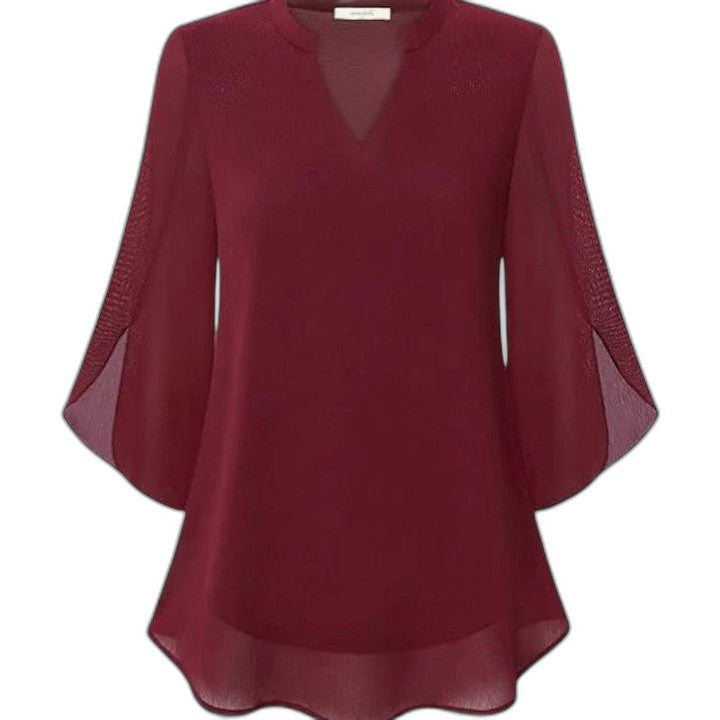 Effortless Black Chiffon Blouse for Women with V Neck Bell Sleeve Flowing Casual Style