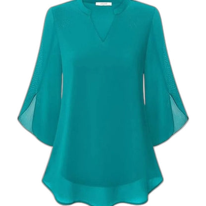 Effortless Black Chiffon Blouse for Women with V Neck Bell Sleeve Flowing Casual Style