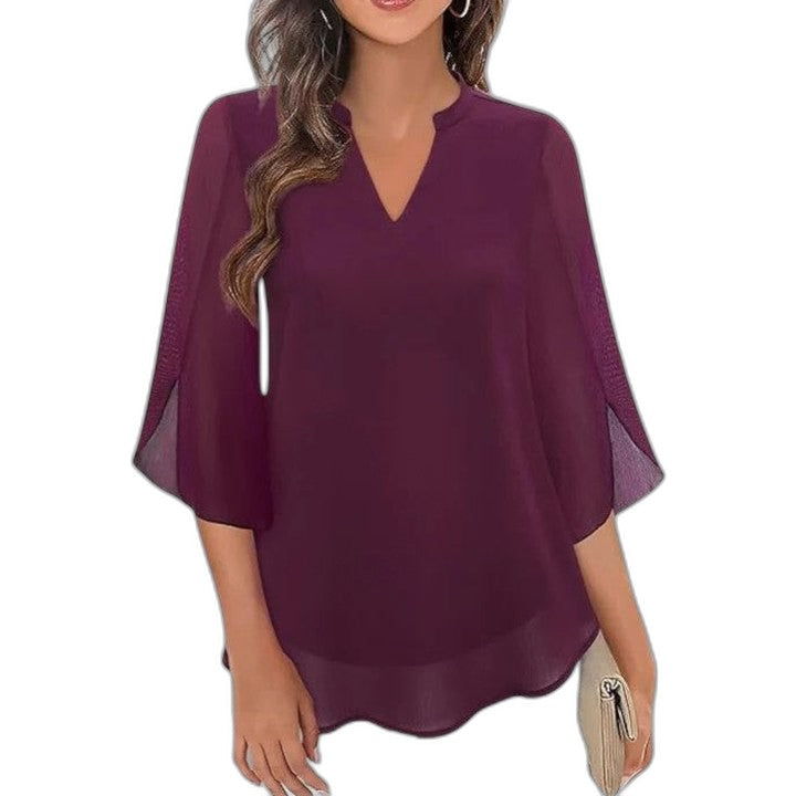 Effortless Black Chiffon Blouse for Women with V Neck Bell Sleeve Flowing Casual Style