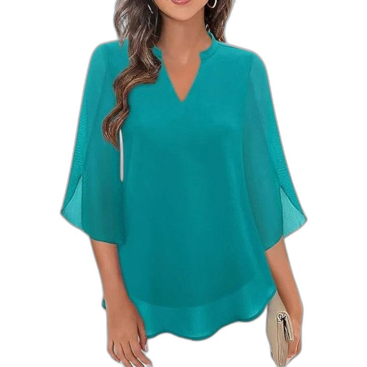 Effortless Black Chiffon Blouse for Women with V Neck Bell Sleeve Flowing Casual Style