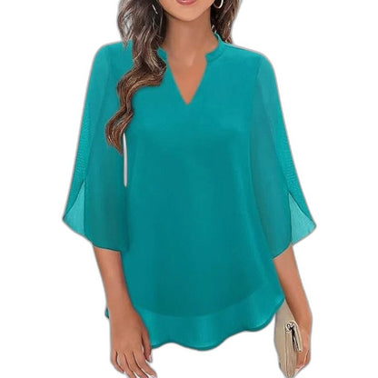 Effortless Black Chiffon Blouse for Women with V Neck Bell Sleeve Flowing Casual Style