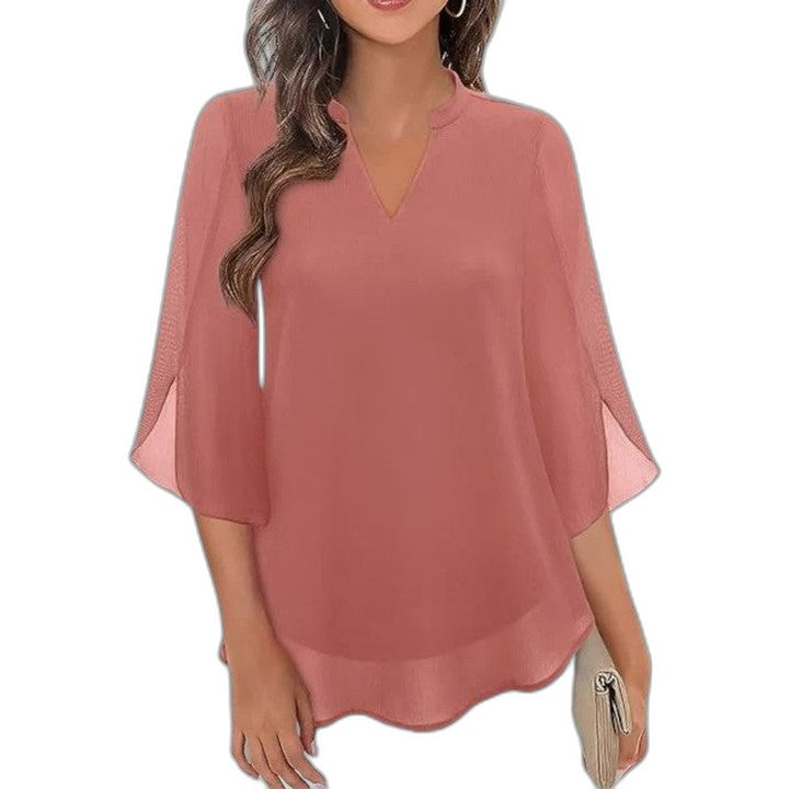Effortless Black Chiffon Blouse for Women with V Neck Bell Sleeve Flowing Casual Style