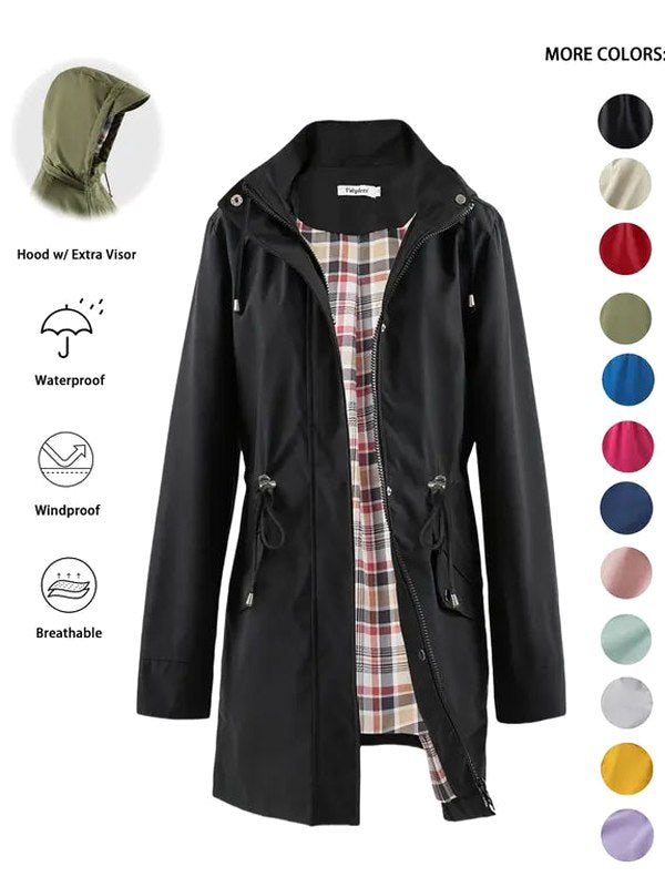 Effortless Black Coat for Women with High Neck Long Sleeve Belted Drawstring Zip Up Casual Style