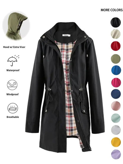 Effortless Black Coat for Women with High Neck Long Sleeve Belted Drawstring Zip Up Casual Style