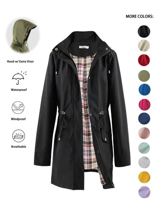 Effortless Black Coat for Women with High Neck Long Sleeve Belted Drawstring Zip Up Casual Style