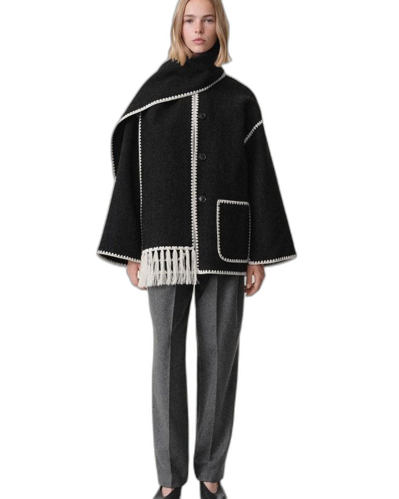 Effortless Black Coat for Women with Long Sleeve Fringe Oversized Pockets Casual Style
