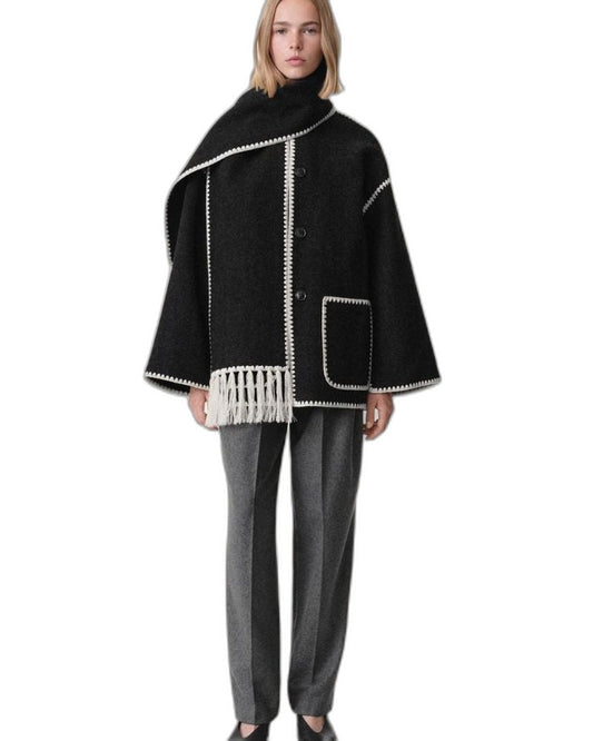 Effortless Black Coat for Women with Long Sleeve Fringe Oversized Pockets Casual Style