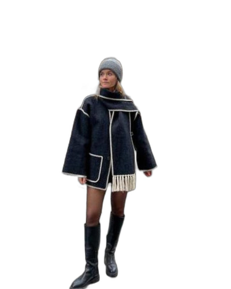 Effortless Black Coat for Women with Long Sleeve Fringe Oversized Pockets Casual Style