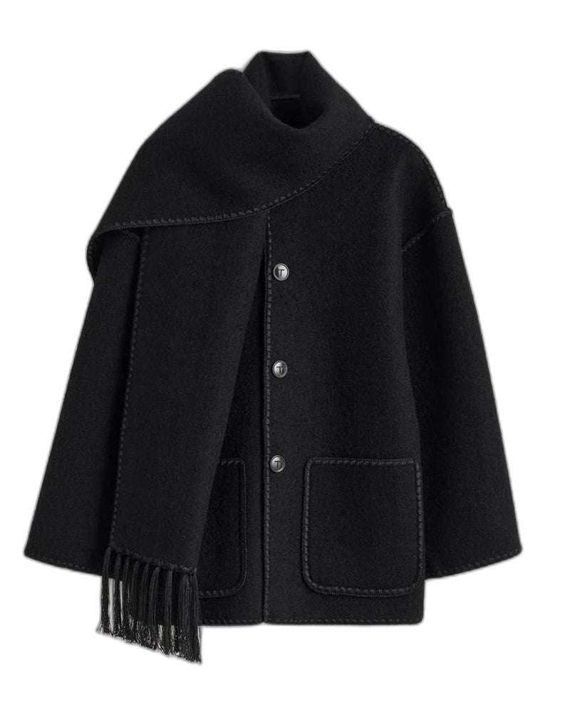 Effortless Black Coat for Women with Long Sleeve Fringe Oversized Pockets Casual Style