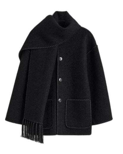 Effortless Black Coat for Women with Long Sleeve Fringe Oversized Pockets Casual Style