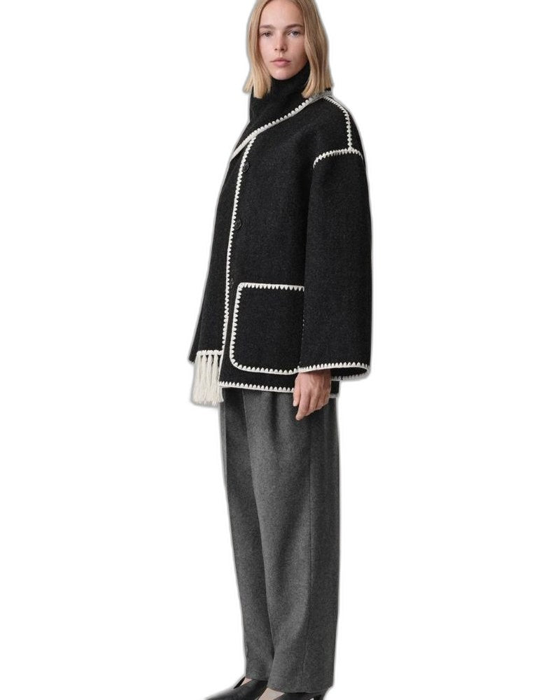Effortless Black Coat for Women with Long Sleeve Fringe Oversized Pockets Casual Style
