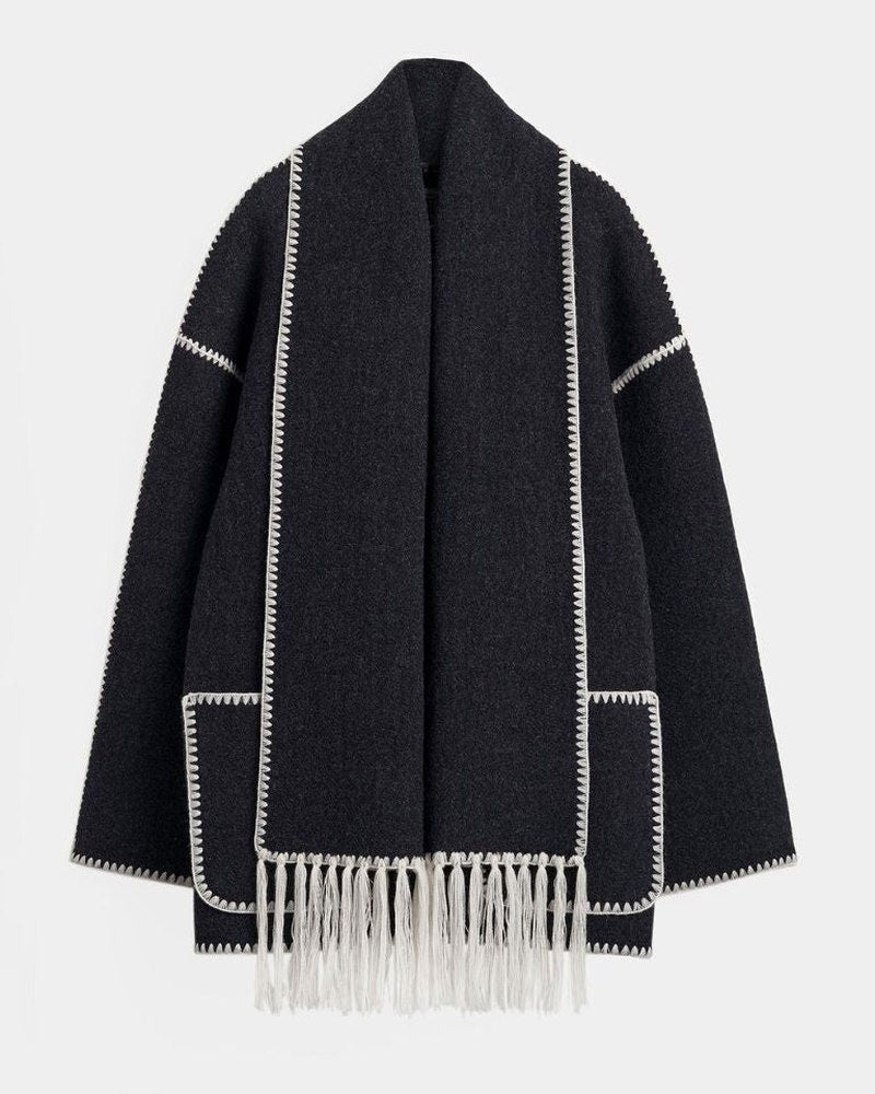 Effortless Black Coat for Women with Long Sleeve Fringe Oversized Pockets Casual Style