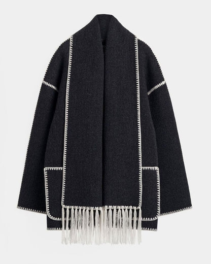 Effortless Black Coat for Women with Long Sleeve Fringe Oversized Pockets Casual Style