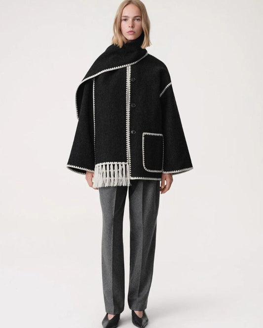 Effortless Black Coat for Women with Long Sleeve Fringe Oversized Pockets Casual Style