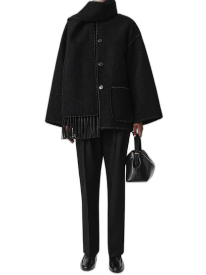 Effortless Black Coat for Women with Long Sleeve Fringe Oversized Pockets Casual Style