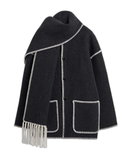 Effortless Black Coat for Women with Long Sleeve Fringe Oversized Pockets Casual Style