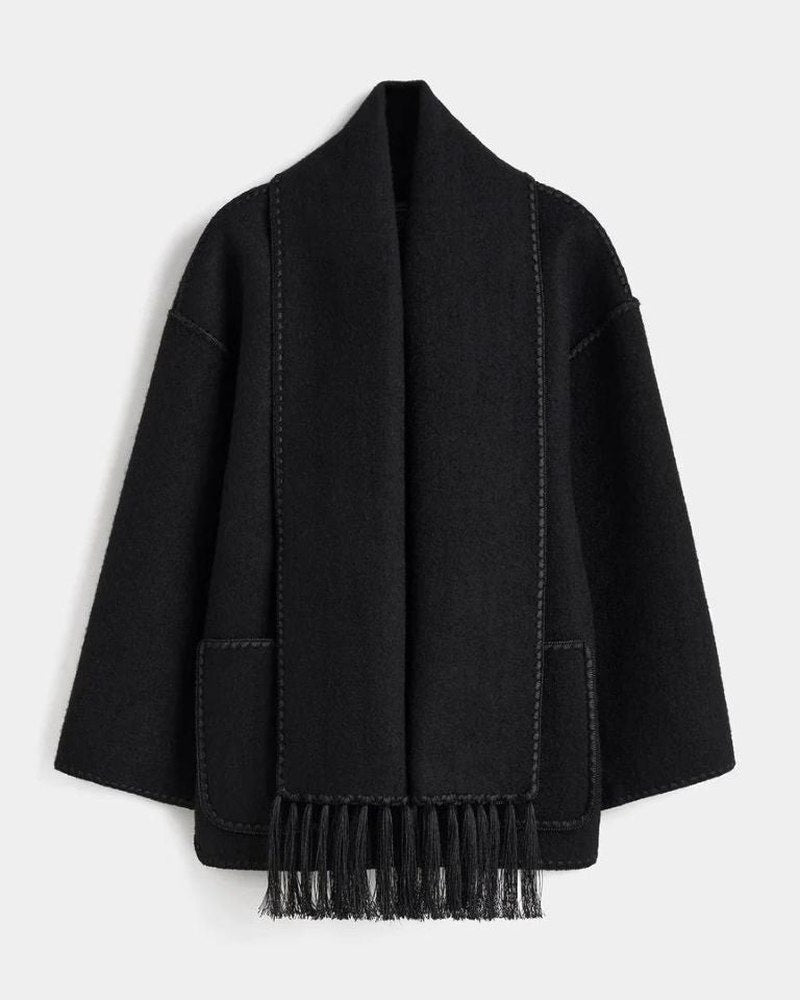 Effortless Black Coat for Women with Long Sleeve Fringe Oversized Pockets Casual Style