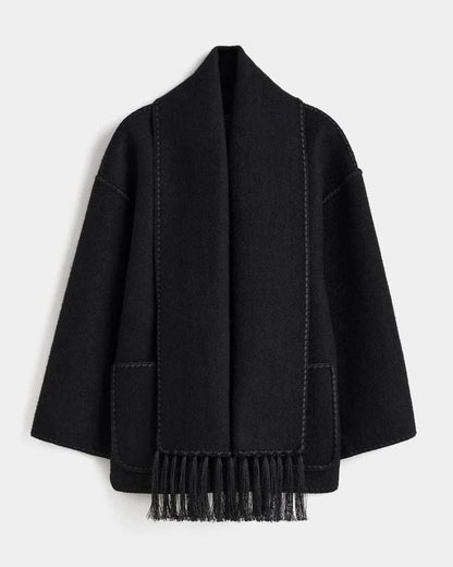 Effortless Black Coat for Women with Long Sleeve Fringe Oversized Pockets Casual Style