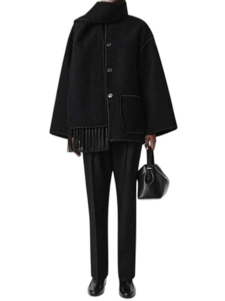 Effortless Black Coat for Women with Long Sleeve Fringe Oversized Pockets Casual Style