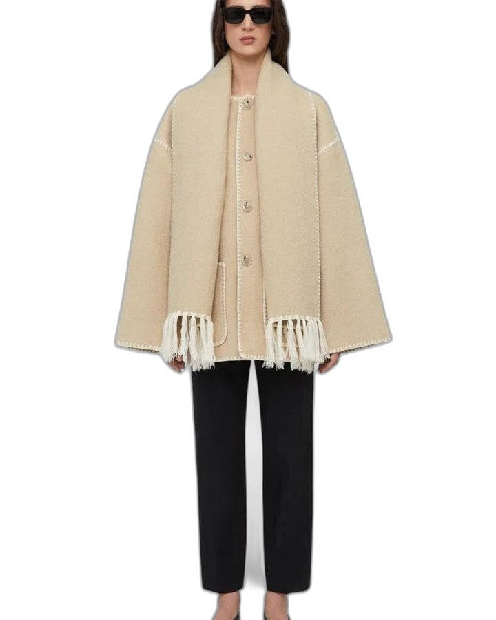 Effortless Black Coat for Women with Long Sleeve Fringe Oversized Pockets Casual Style