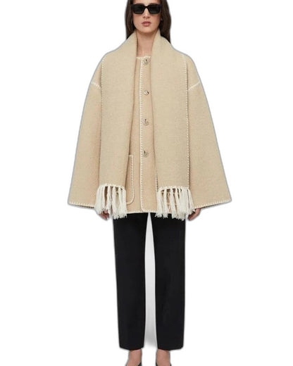 Effortless Black Coat for Women with Long Sleeve Fringe Oversized Pockets Casual Style