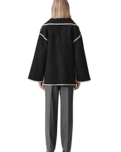 Effortless Black Coat for Women with Long Sleeve Fringe Oversized Pockets Casual Style