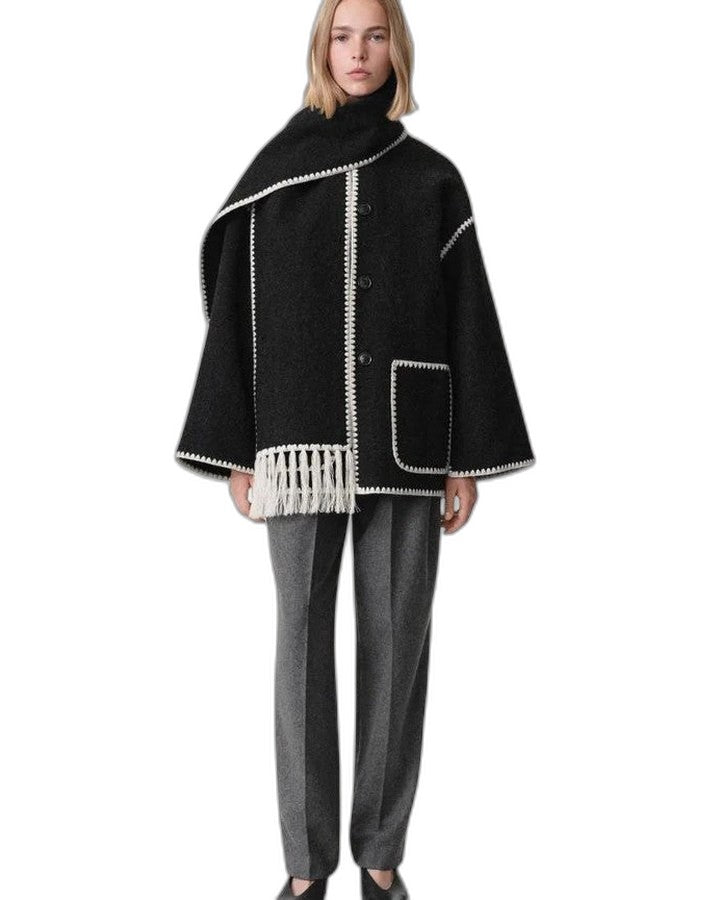 Effortless Black Coat for Women with Long Sleeve Fringe Oversized Pockets Casual Style