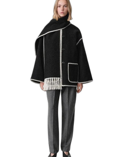 Effortless Black Coat for Women with Long Sleeve Fringe Oversized Pockets Casual Style