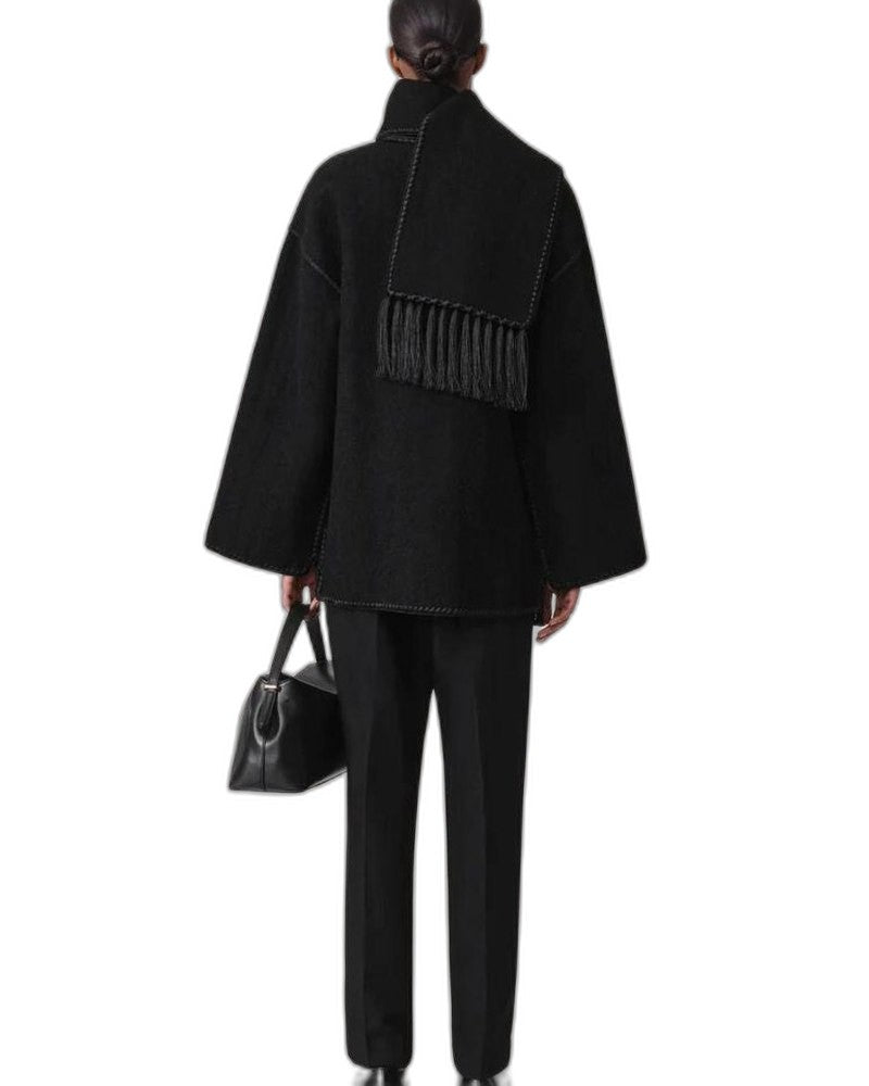 Effortless Black Coat for Women with Long Sleeve Fringe Oversized Pockets Casual Style