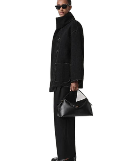 Effortless Black Coat for Women with Long Sleeve Fringe Oversized Pockets Casual Style