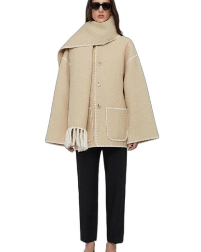 Effortless Black Coat for Women with Long Sleeve Fringe Oversized Pockets Casual Style