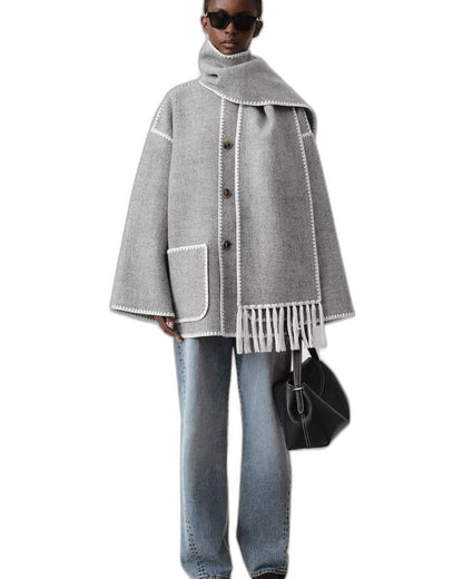 Effortless Black Coat for Women with Long Sleeve Fringe Oversized Pockets Casual Style