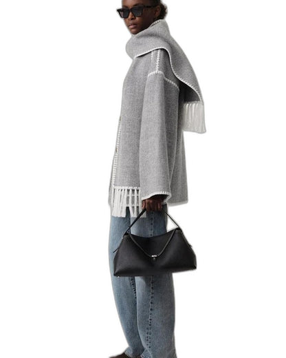 Effortless Black Coat for Women with Long Sleeve Fringe Oversized Pockets Casual Style