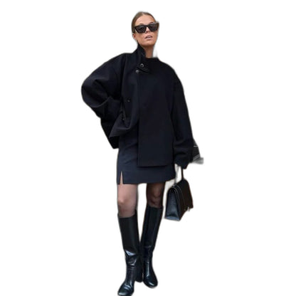 Effortless Black Jacket for Women with Collared Long Sleeve Button Front Oversized Casual Style