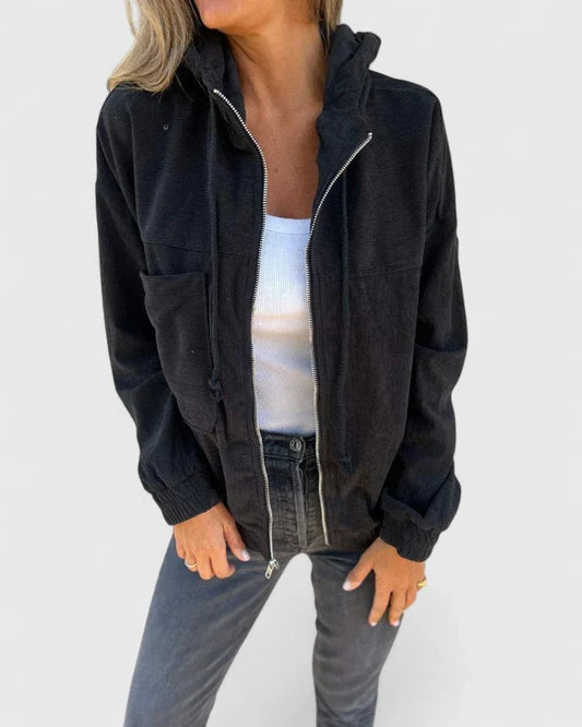 Effortless Black Jacket for Women with Collared Long Sleeve Cropped Casual Style